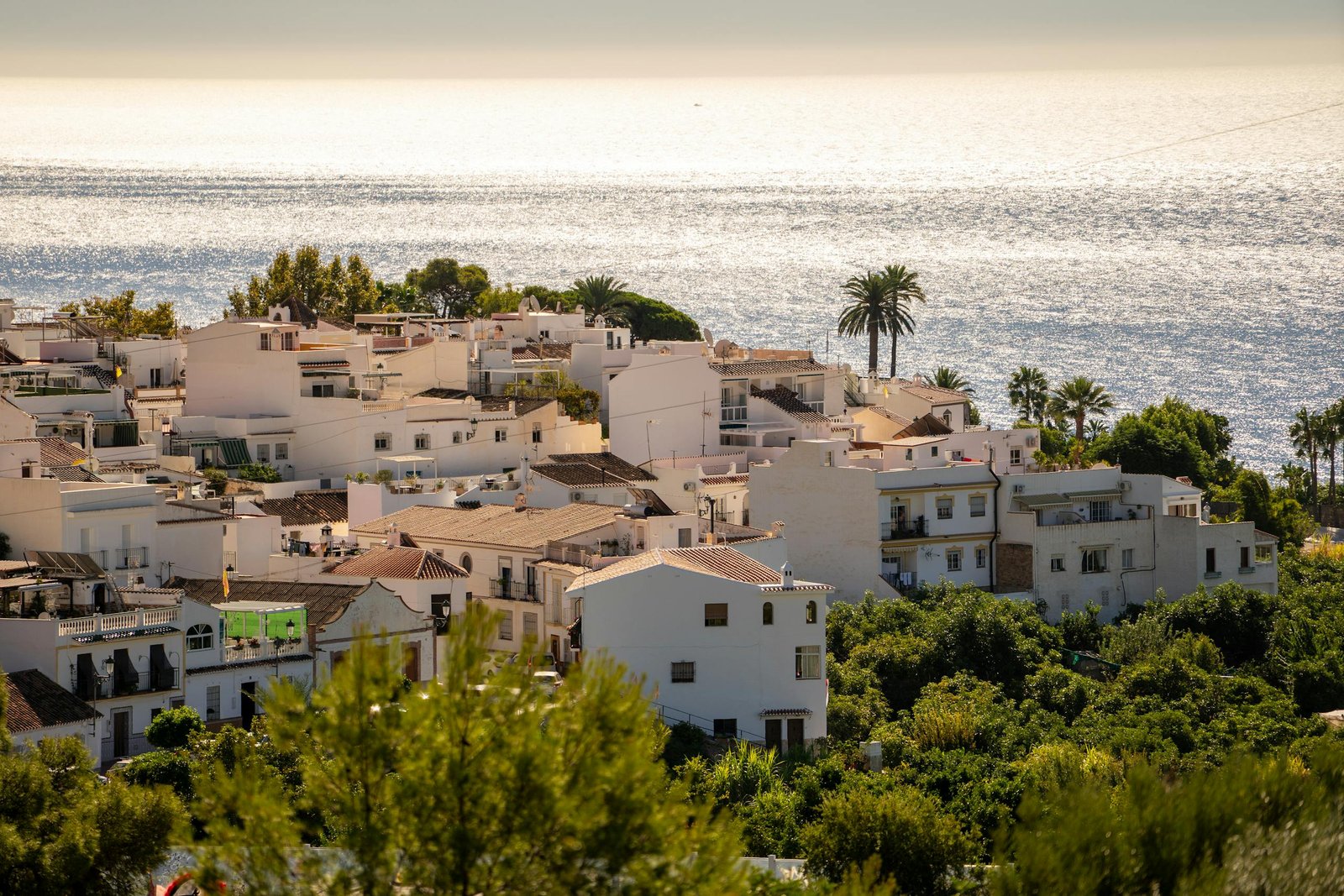White houses in Nerja, Spain, overlooking the Mediterranean